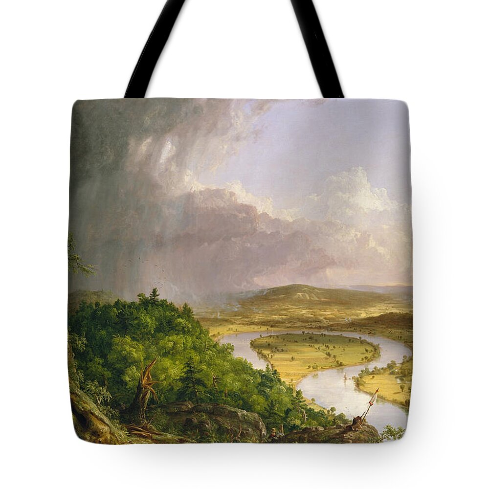 Thomas Cole Tote Bag featuring the painting View from Mount Holyoke Northampton Massachusetts after a Thunderstorm. The Oxbow by Thomas Cole