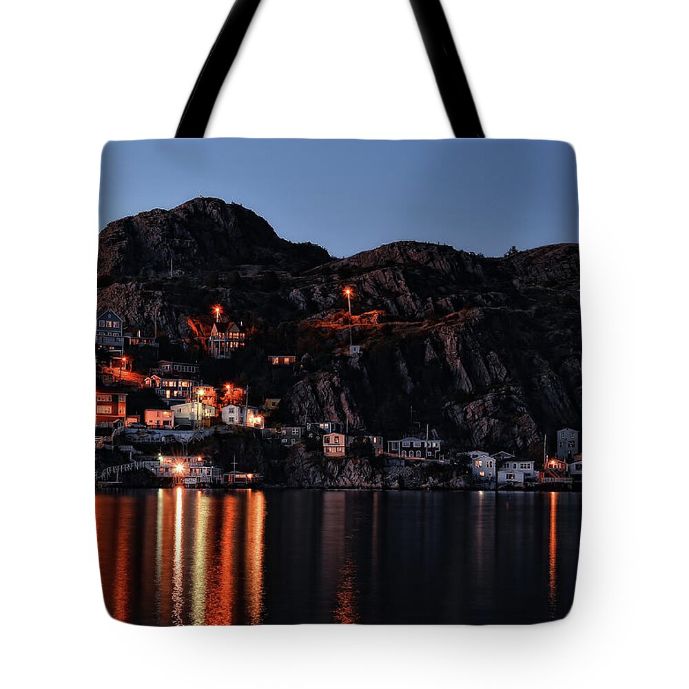Atlantic Tote Bag featuring the photograph View From The Harbor St Johns Newfoundland Canada at Dusk by Steve Hurt