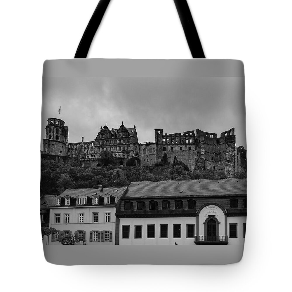 Heidelberg Tote Bag featuring the photograph View of Heidelberg Castle B W by Pamela Newcomb