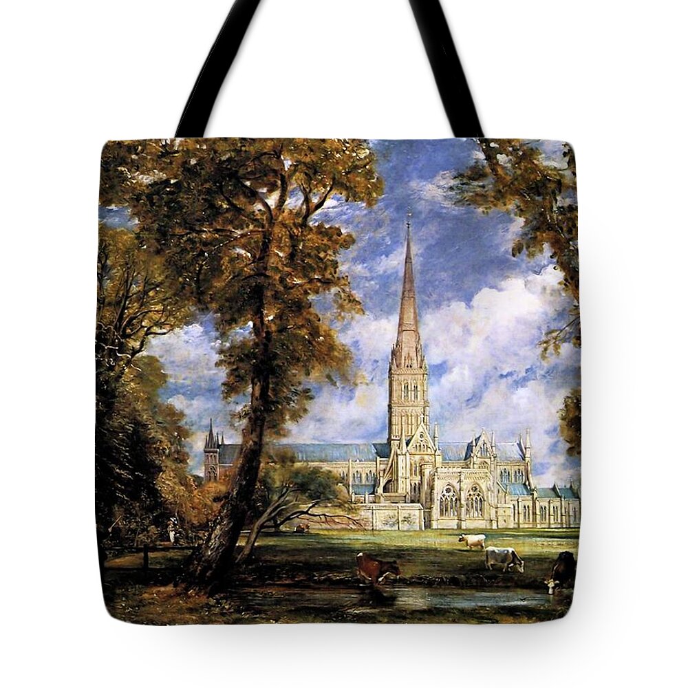View Of Salisbury Cathdral Tote Bag featuring the painting View of Salisbury Cathdral by John Constable