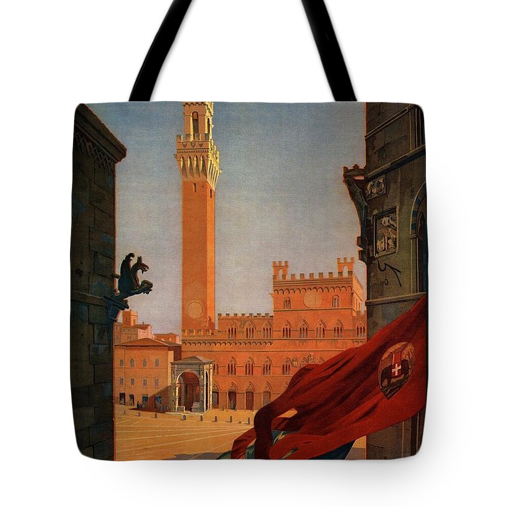 Palazzo Publico Tote Bag featuring the painting View of the Palazzo Publico in Siena, Tuscany - Italia - Vintage Illustrated Poster by Studio Grafiikka