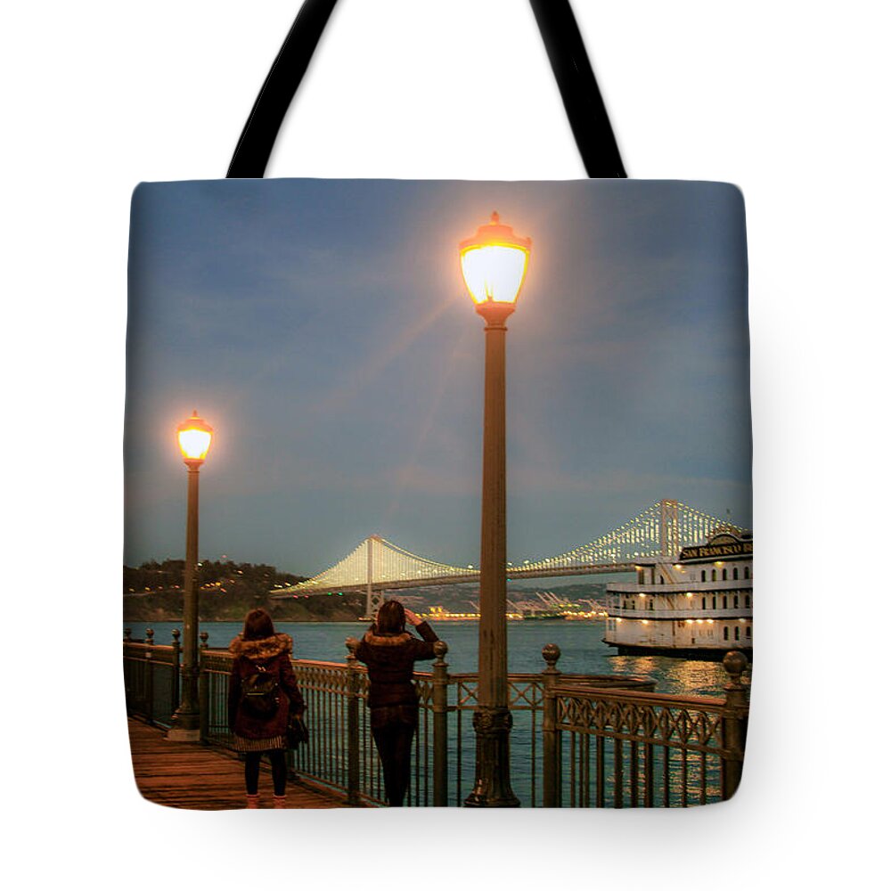 Bonnie Follett Tote Bag featuring the photograph Viewing the Bay Bridge Lights by Bonnie Follett