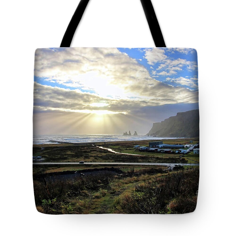 Vik Tote Bag featuring the photograph Vik Iceland Sunrays 7028 by Jack Schultz