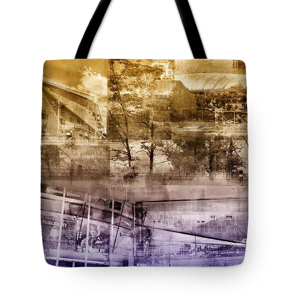 Minnesota Tote Bag featuring the photograph Vikings Stadium Collage by Susan Stone