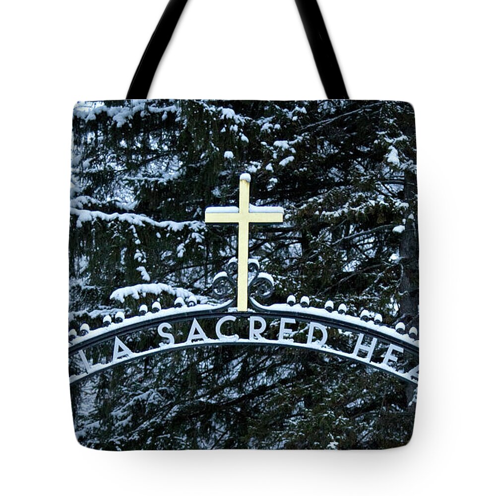 Cross Tote Bag featuring the photograph Villa Sacred Heart Winter Retreat Golden Cross by Lone Palm Studio