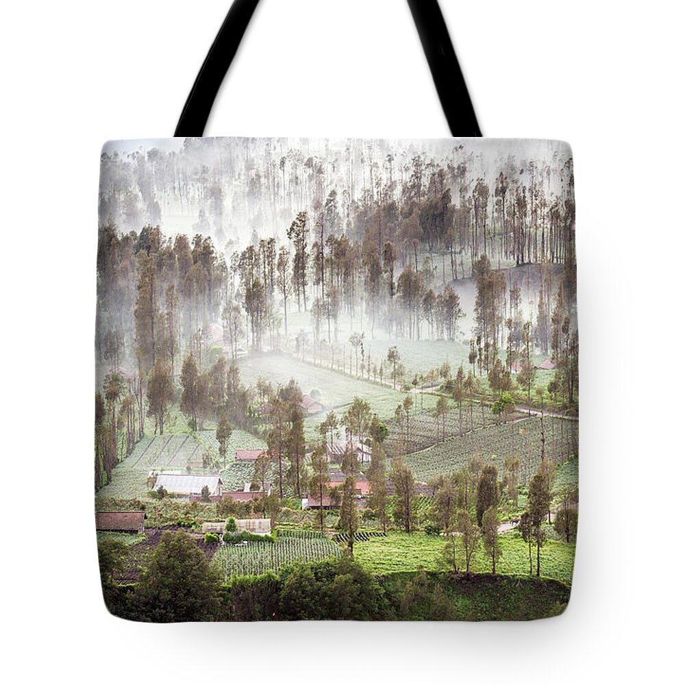 Landscape Tote Bag featuring the photograph Village covered with mist by Pradeep Raja Prints