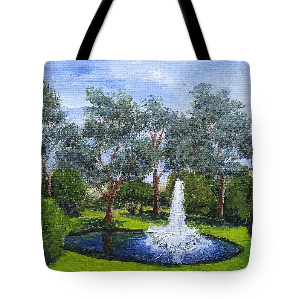Landscape Tote Bag featuring the painting Village Fountain by Mishel Vanderten