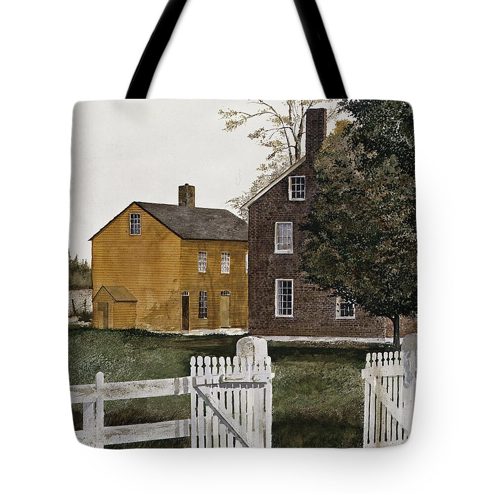 An Open Gate Beckons Come In On The Grounds Of The Pleasant Hill Shaker Village In Kentucky. Two Of The Shaker Buildings Are In The Background. Tote Bag featuring the painting Village Gate by Monte Toon