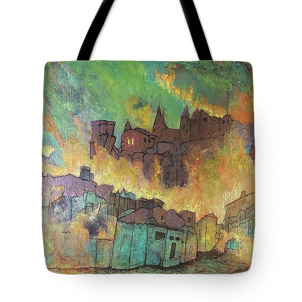 #abstractart #acrylicartforsale #artforsale #paintingsforsale #acrylicinks #acrylicinkpaintings Tote Bag featuring the drawing Village on fire by Cynthia Silverman