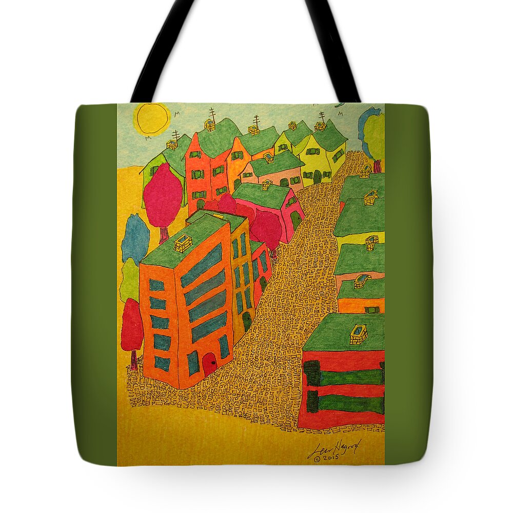 Hagood Tote Bag featuring the painting Village With Blue Sliver Moon by Lew Hagood
