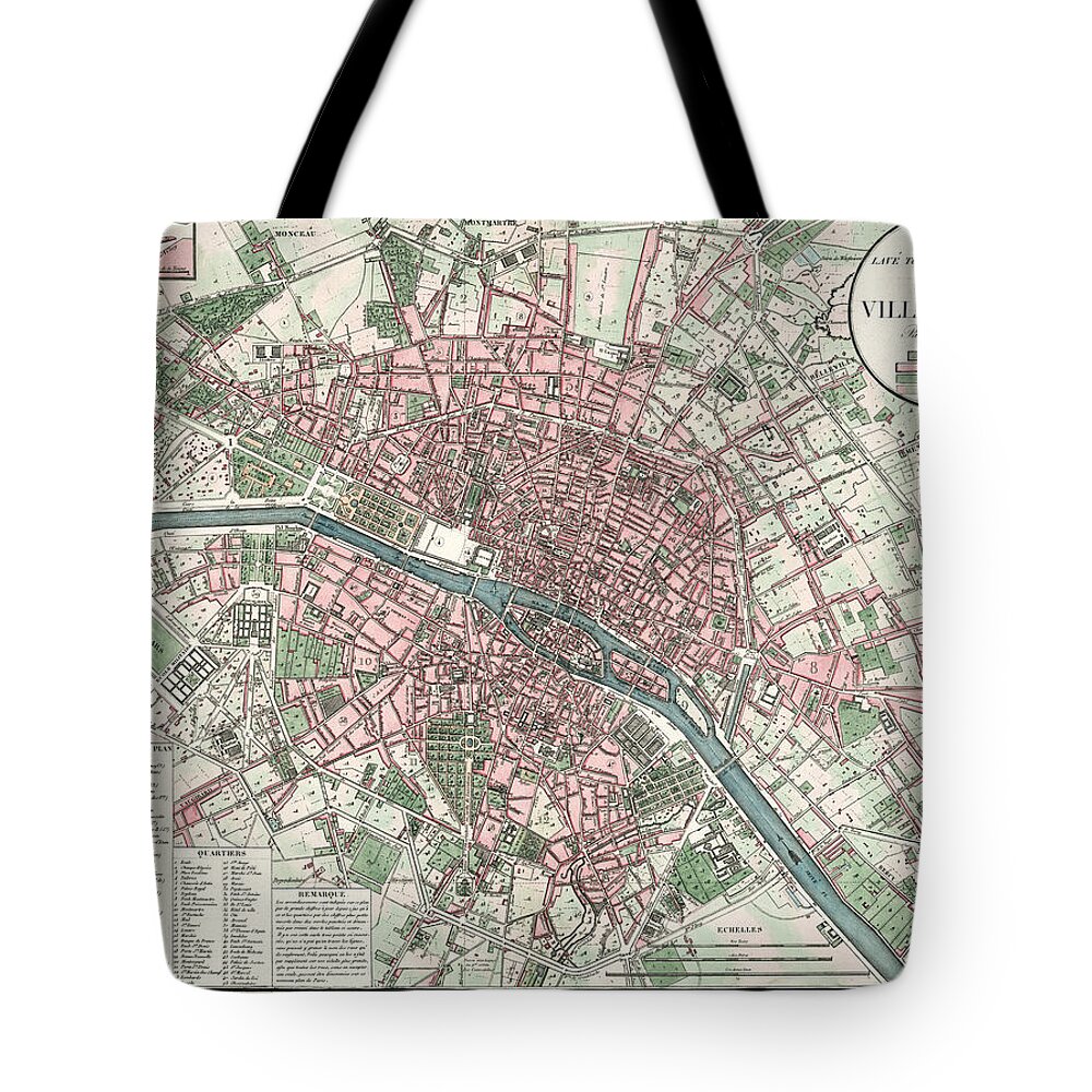 Ville De Paris Tote Bag featuring the drawing Ville de Paris - Historical Map of the City of Paris, 1821 - Antique Maps by Studio Grafiikka