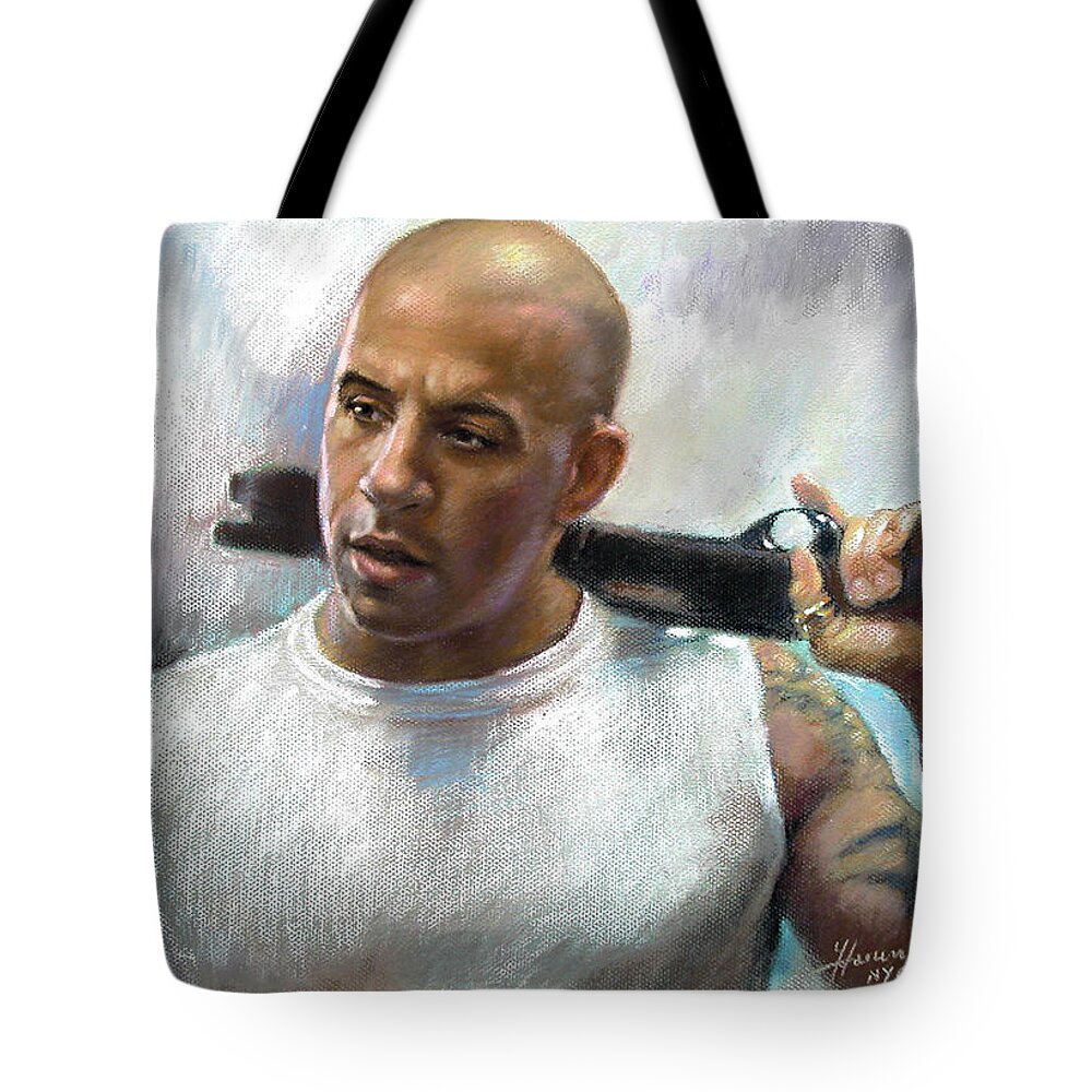 Vin Diesel Tote Bag featuring the pastel Vin Diesel by Ylli Haruni