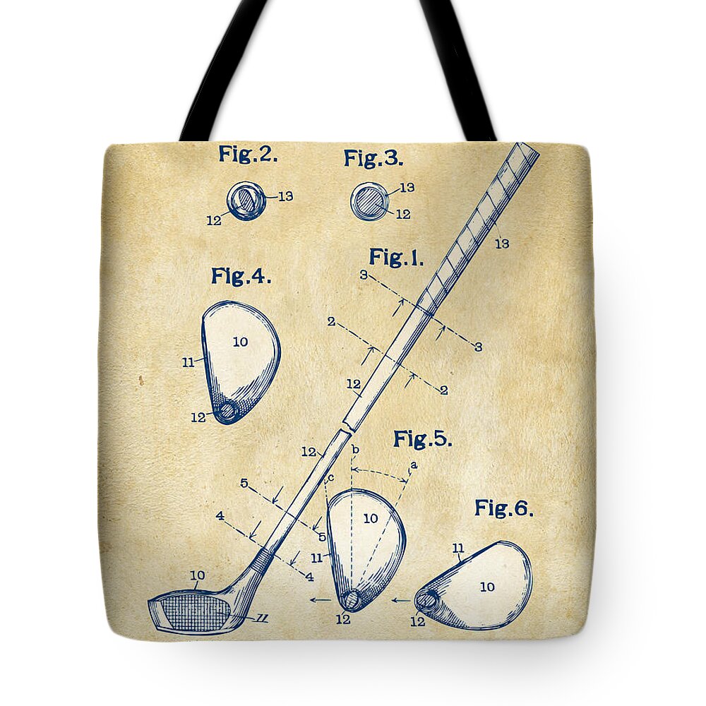 Golf Tote Bag featuring the digital art Vintage 1910 Golf Club Patent Artwork by Nikki Marie Smith