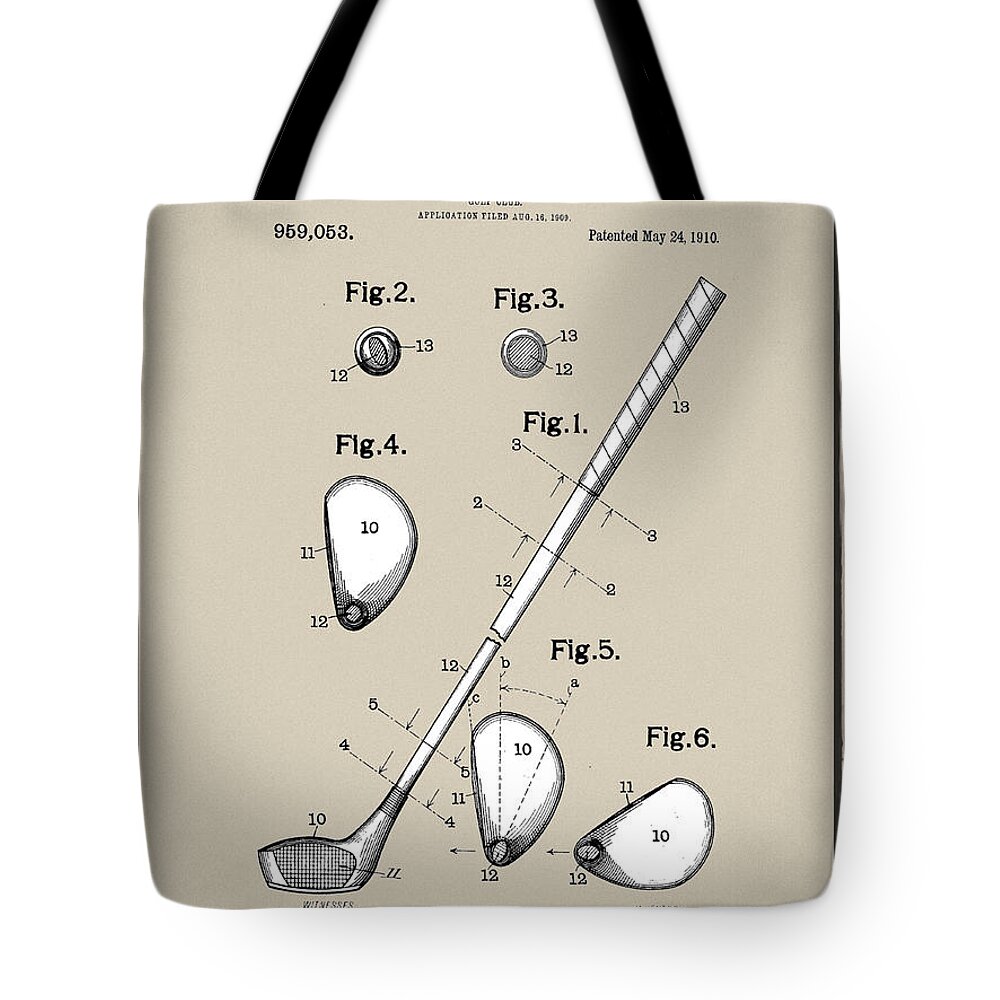 1910 Tote Bag featuring the digital art Vintage 1910 Golf Club Patent in Sepia by Bill Cannon