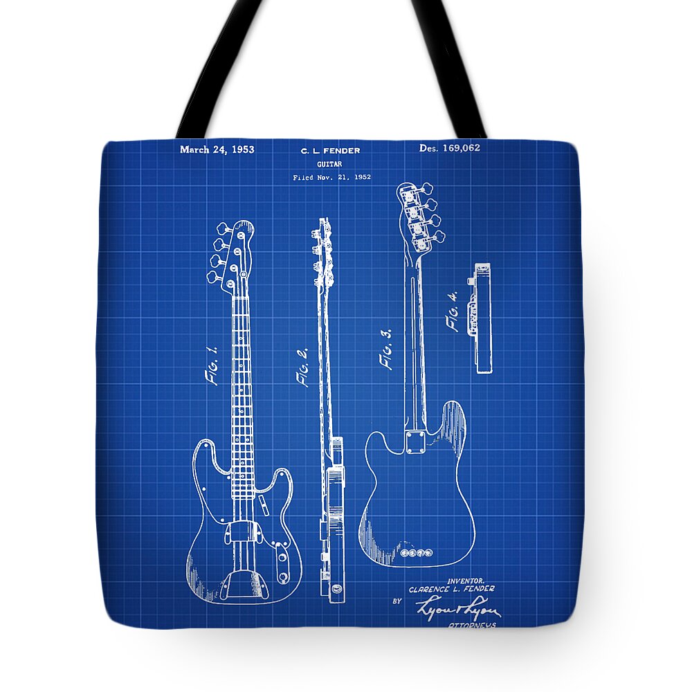 Vintage Tote Bag featuring the photograph Vintage 1953 Fender Base Blueprint Patent by Bill Cannon