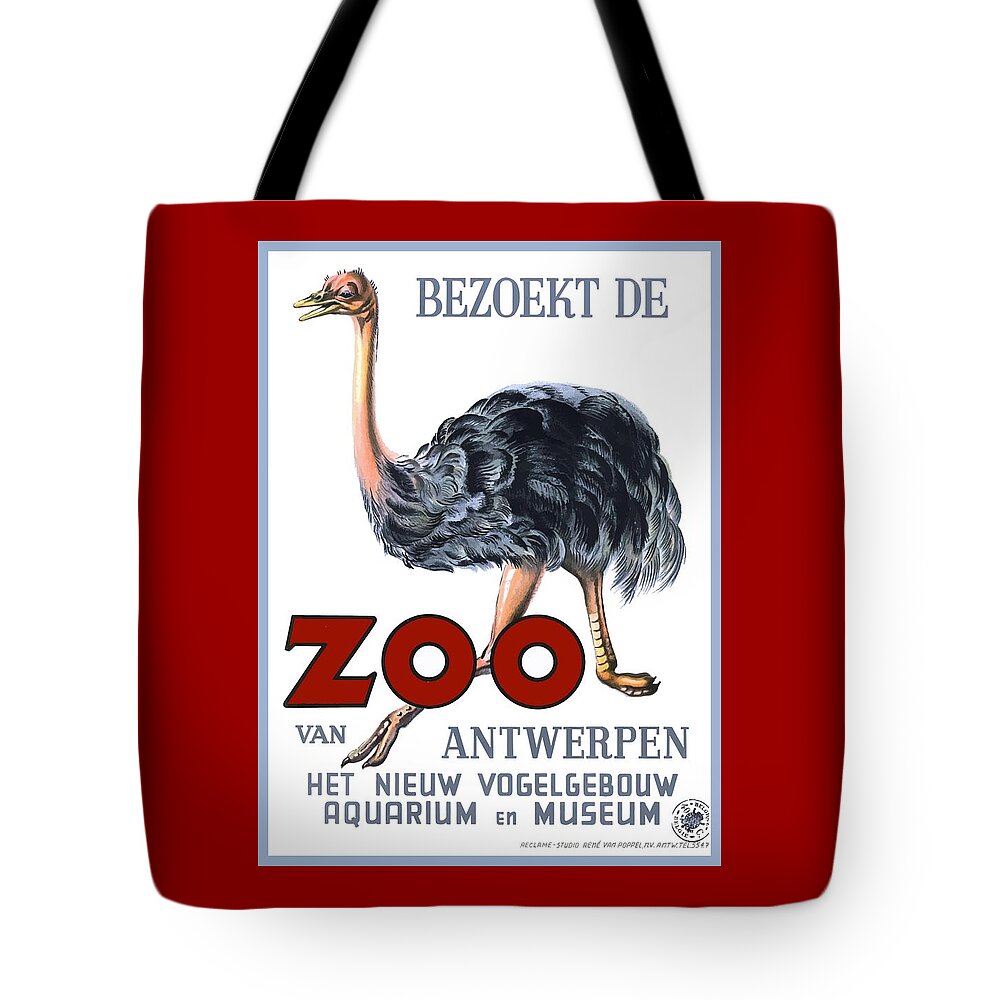 Ostrich Tote Bag featuring the digital art Vintage Antwerp Zoo Ostrich Advertising Poster by Retro Graphics