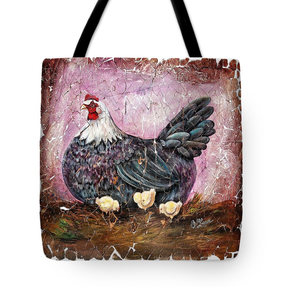  Mosaic Tote Bag featuring the digital art Vintage Blue Hen with Chicks Fresco by OLena Art by Lena Owens - Vibrant DESIGN