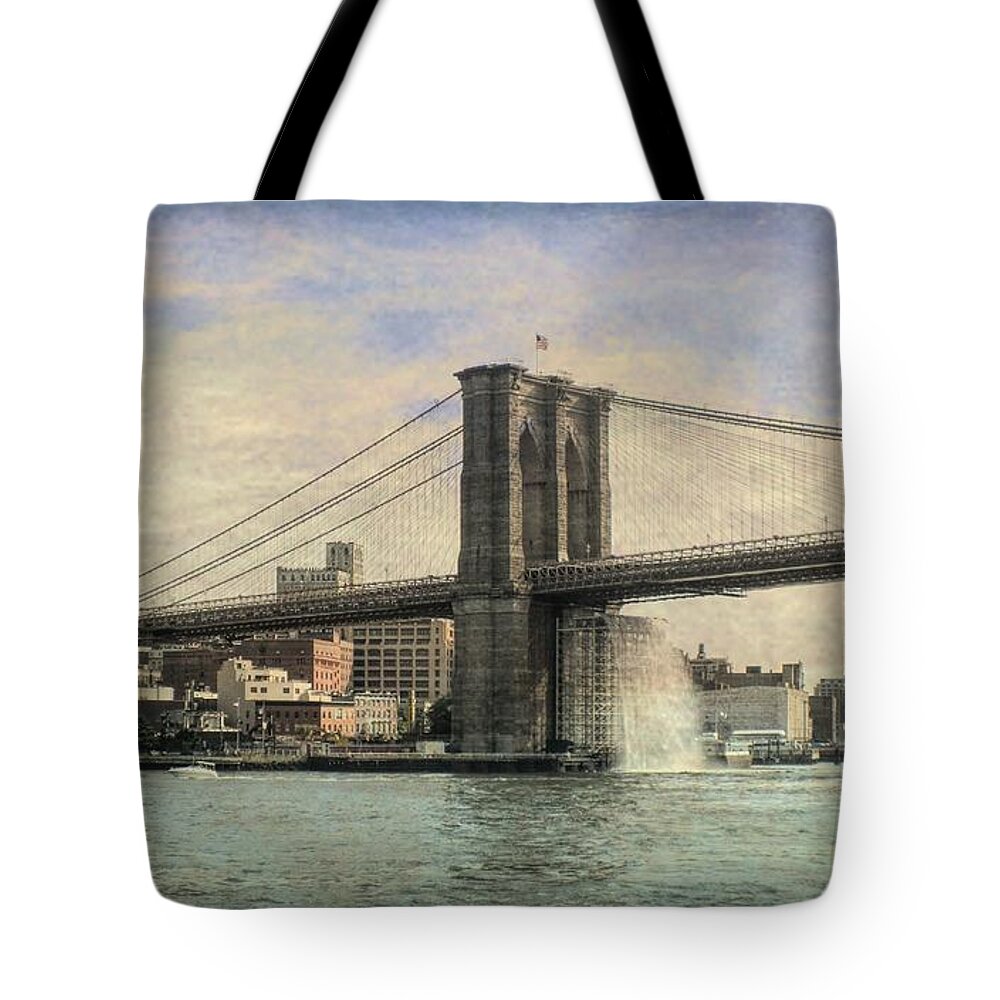 Pamela Briggs Luther Tote Bag featuring the photograph Vintage Brooklyn Bridge by Luther Fine Art