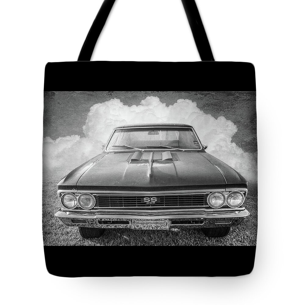 1962 Tote Bag featuring the photograph Vintage Chevy Chevelle Super Sport Black and White by Debra and Dave Vanderlaan