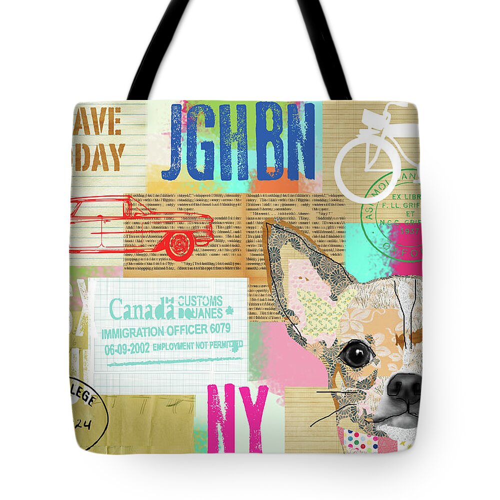 Vintage Collage Chihuahua Tote Bag featuring the mixed media Vintage Collage Chihuahua by Claudia Schoen