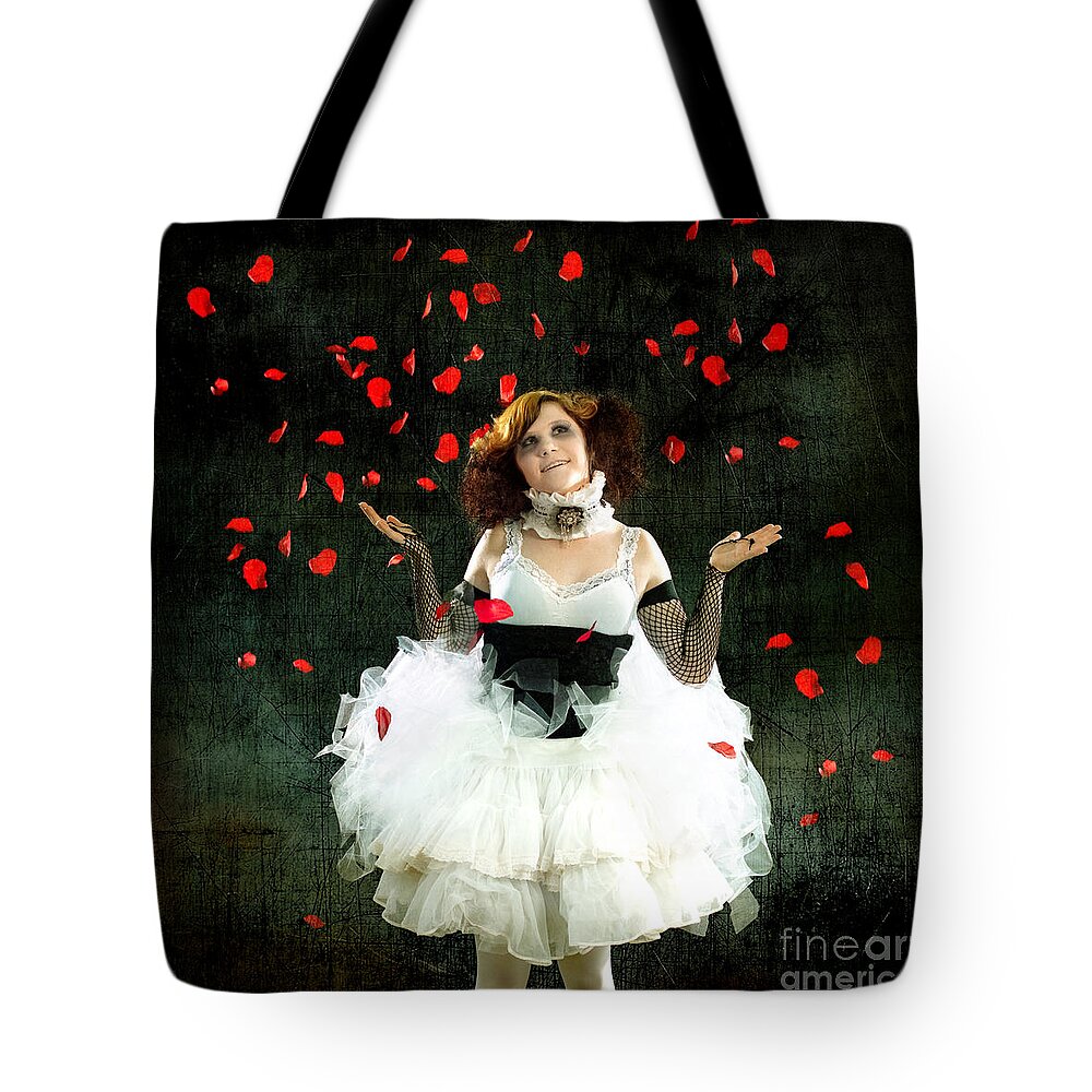 Rose Tote Bag featuring the photograph Vintage Dancer Series Raining Rose Petals by Cindy Singleton