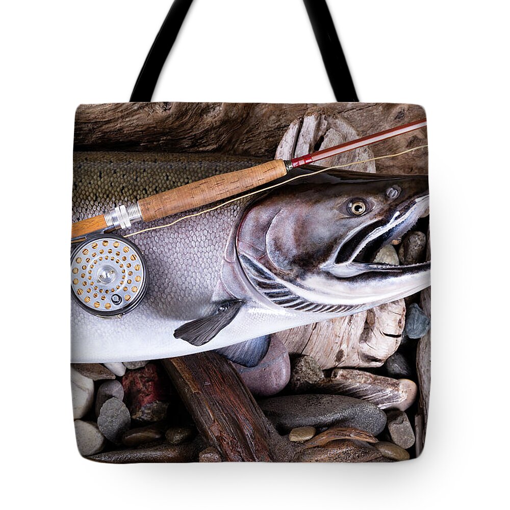 Vintage fly fishing equipment on large trout in riverbed setting Tote Bag  by Thomas Baker - Fine Art America