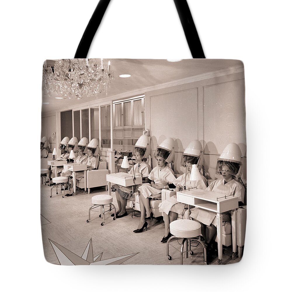 Vintage Salon Tote Bag featuring the painting Vintage Hair Salon Ladies Hairdryers by Mindy Sommers