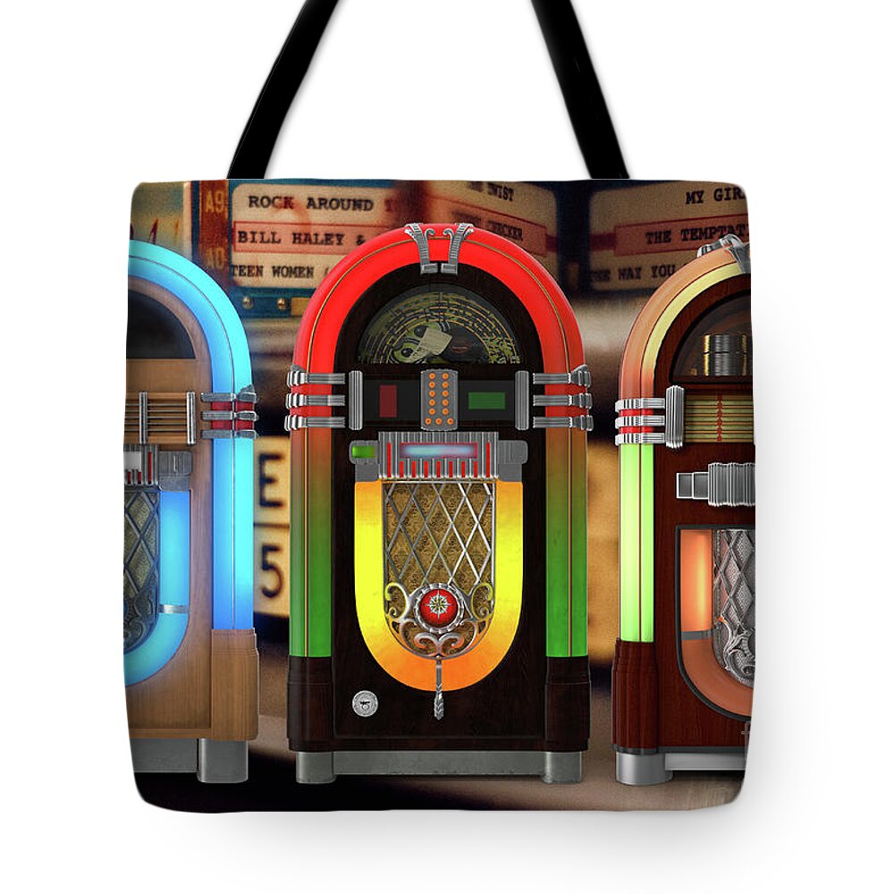 Juke Tote Bag featuring the digital art Vintage Jukeboxes by Edward Fielding