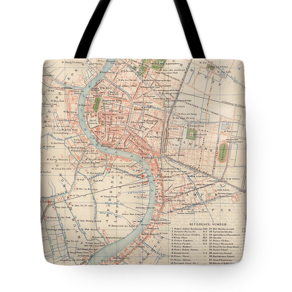 Bangkok Tote Bag featuring the drawing Vintage Map of Bangkok, Thailand from 1920 by Blue Monocle