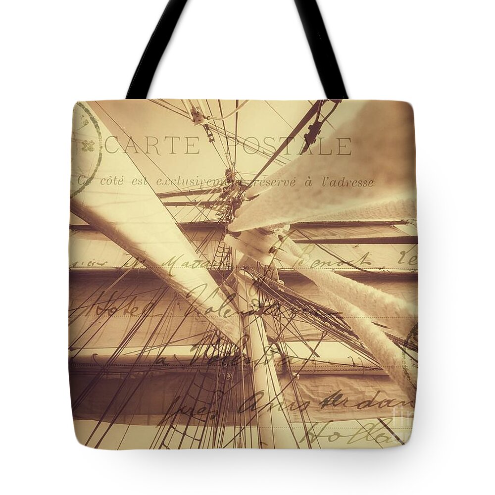 Nautical Tote Bag featuring the photograph Vintage Nautical Sailing Typography in Sepia by Leah McPhail