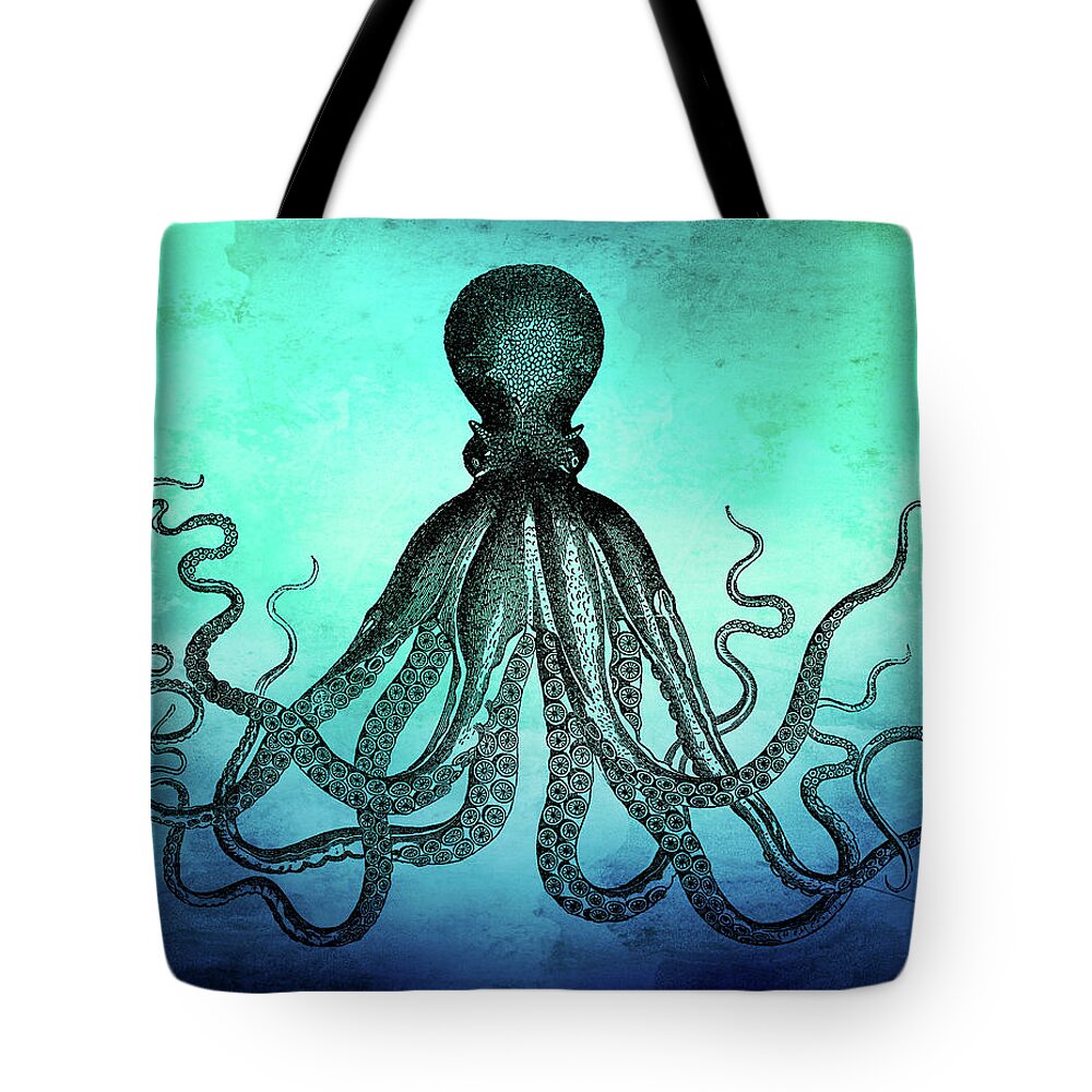 Octopus Tote Bag featuring the digital art Vintage Octopus on Blue Green Watercolor by Peggy Collins