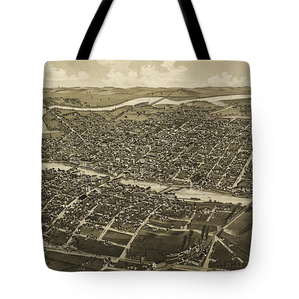 Watertown Tote Bag featuring the drawing Vintage Pictorial Map of Watertown WI - 1885 by CartographyAssociates