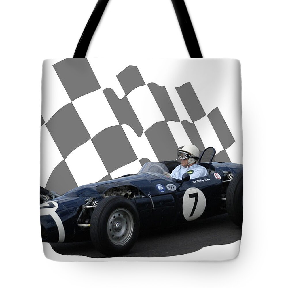 Racing Car Tote Bag featuring the photograph Vintage Racing Car and Flag 8 by John Colley