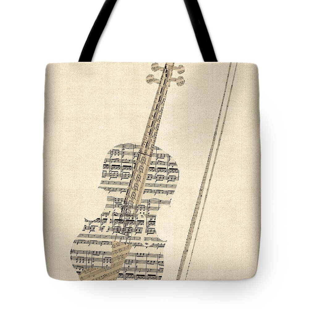Violin Tote Bag featuring the digital art Violin Old Sheet Music by Michael Tompsett