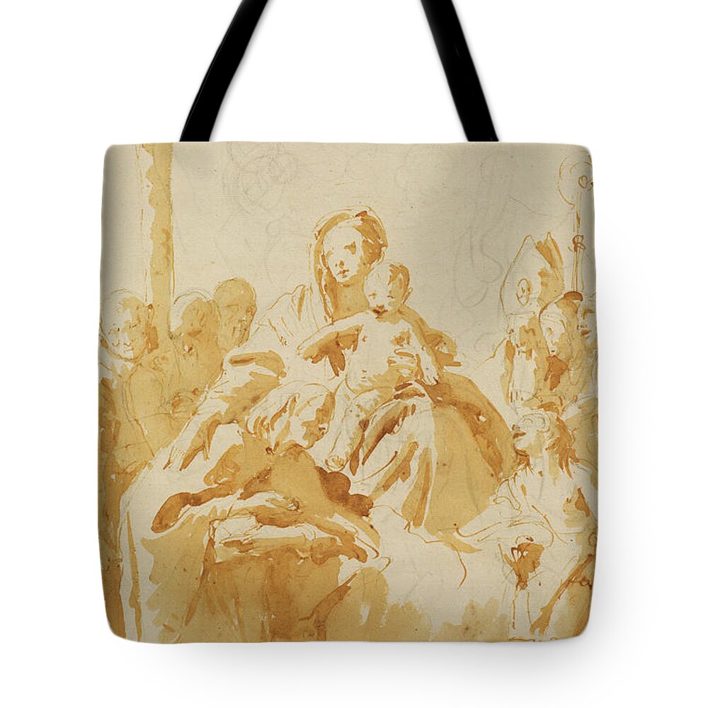 Tiepolo Tote Bag featuring the drawing Virgin and Child Adored by Bishops, Monks and Women by Tiepolo