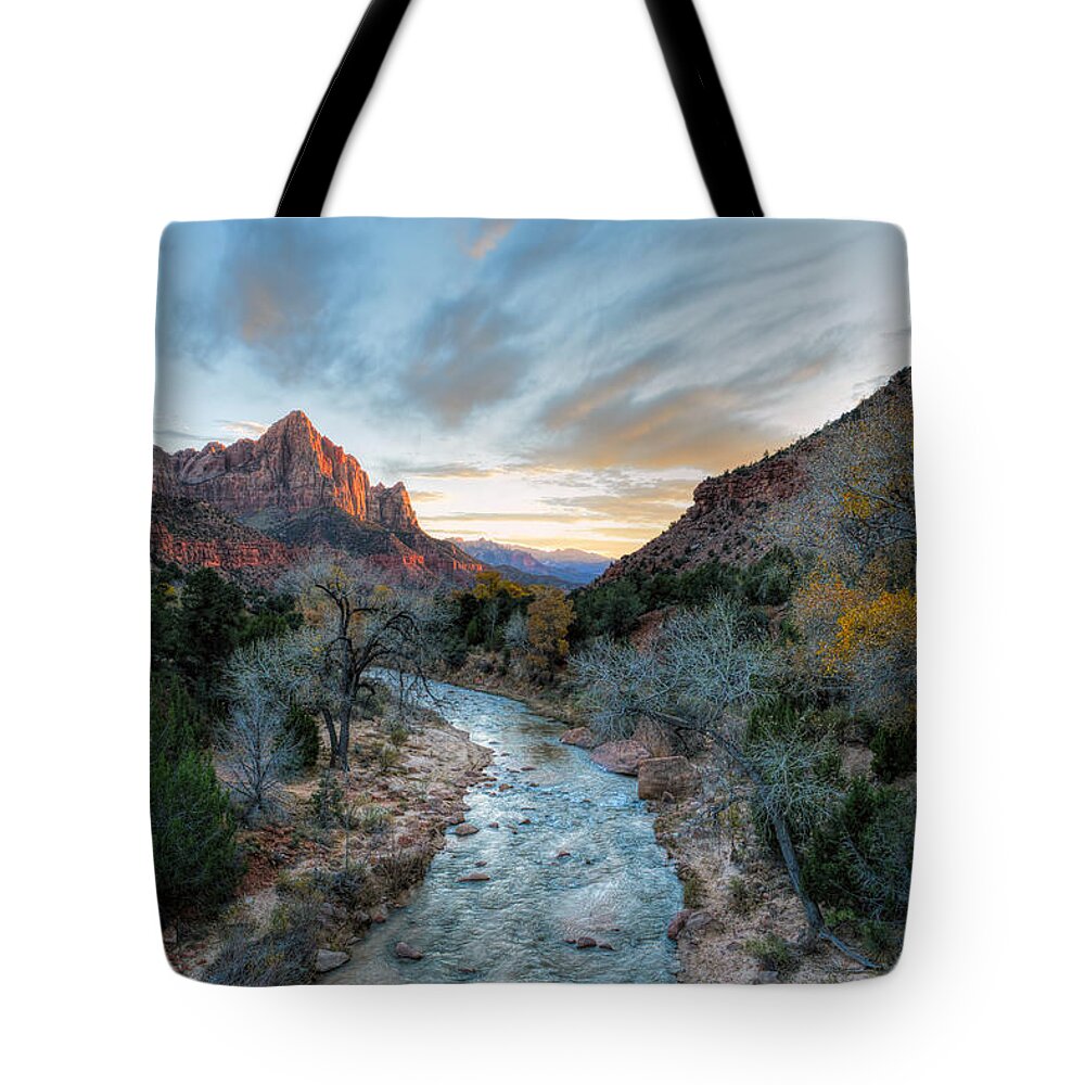 Zion National Park Tote Bag featuring the photograph Virgin River and The Watchman by Mark Whitt