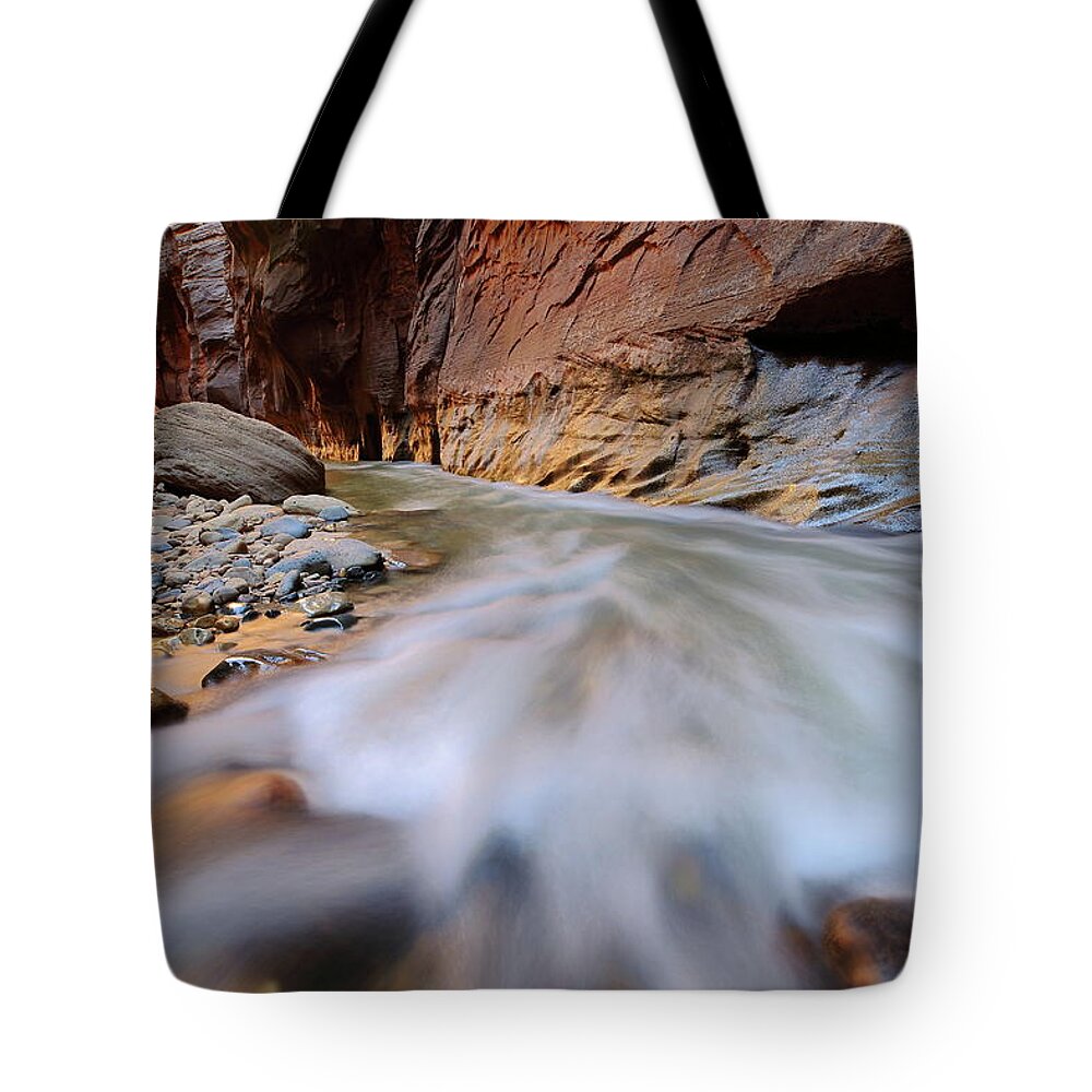 Narrows Tote Bag featuring the photograph Virgin River rapids at the Narrows at Zion National Park by Jetson Nguyen