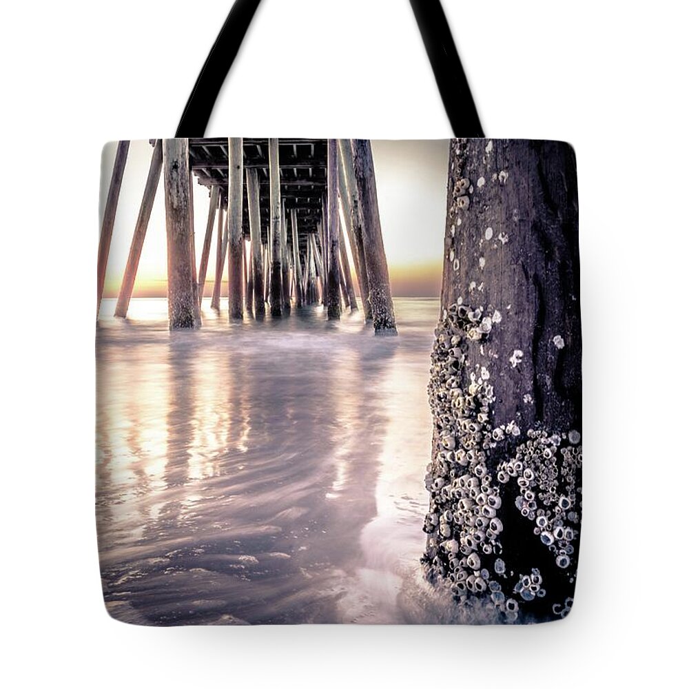 Sunrise Tote Bag featuring the photograph Virginia Beach Pier 2 by Larkin's Balcony Photography