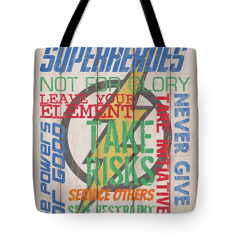 Superhero Tote Bag featuring the mixed media Virtues of A Superhero by Debbie DeWitt