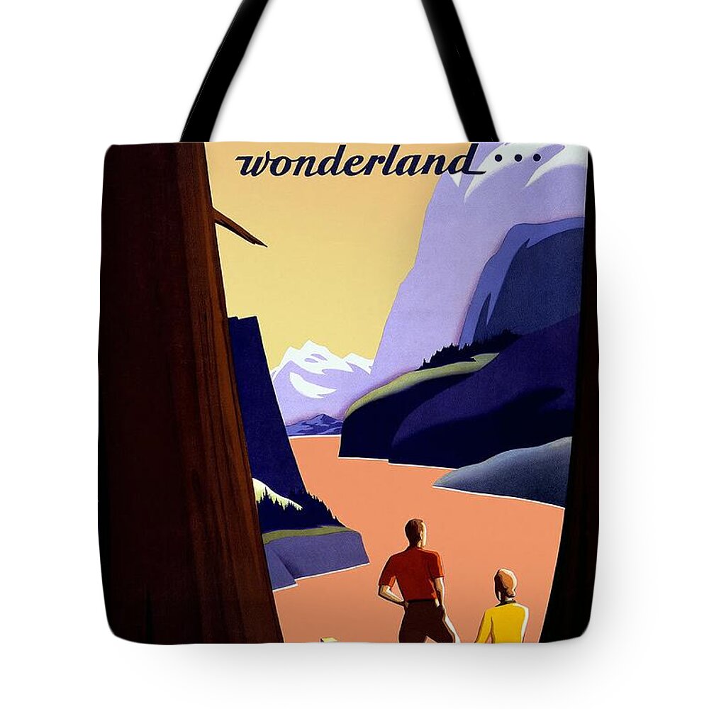 Redwood Trees Tote Bag featuring the mixed media Visit the Pacific Northwest Wonderland - Travel by Train - Retro travel Poster - Vintage Poster by Studio Grafiikka