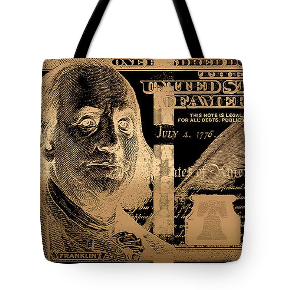 'visual Art Pop' Collection By Serge Averbukh Tote Bag featuring the digital art One Hundred US Dollar Bill - $100 USD in Gold on Black by Serge Averbukh
