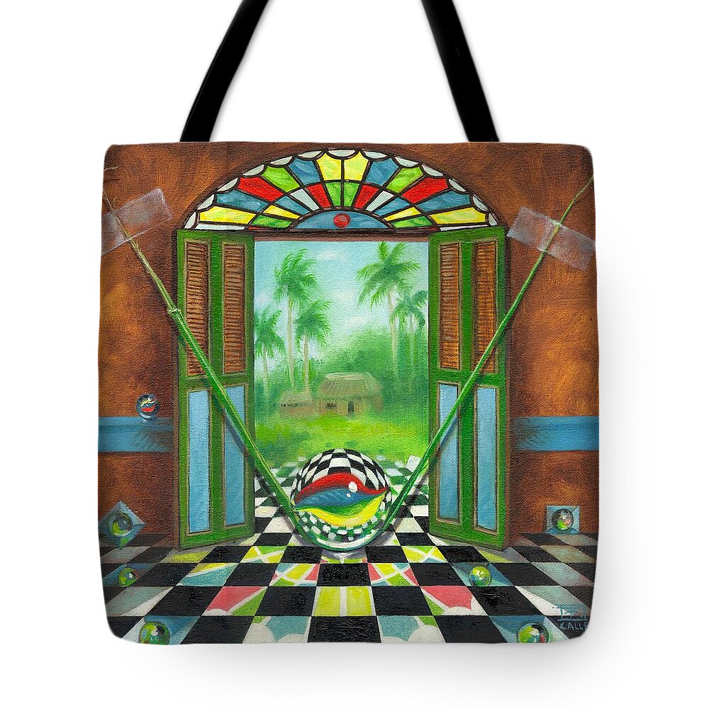 Marbles Tote Bag featuring the painting Vitrales Campesino by Roger Calle