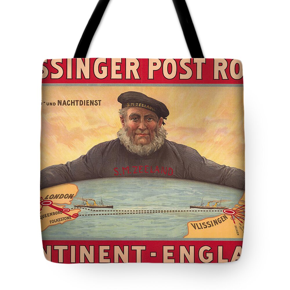 Vlissinger Post Route Tote Bag featuring the drawing Vlissinger Post Route - Zeeland Maritime Company Poster - London to Flushing Ship Route by Studio Grafiikka