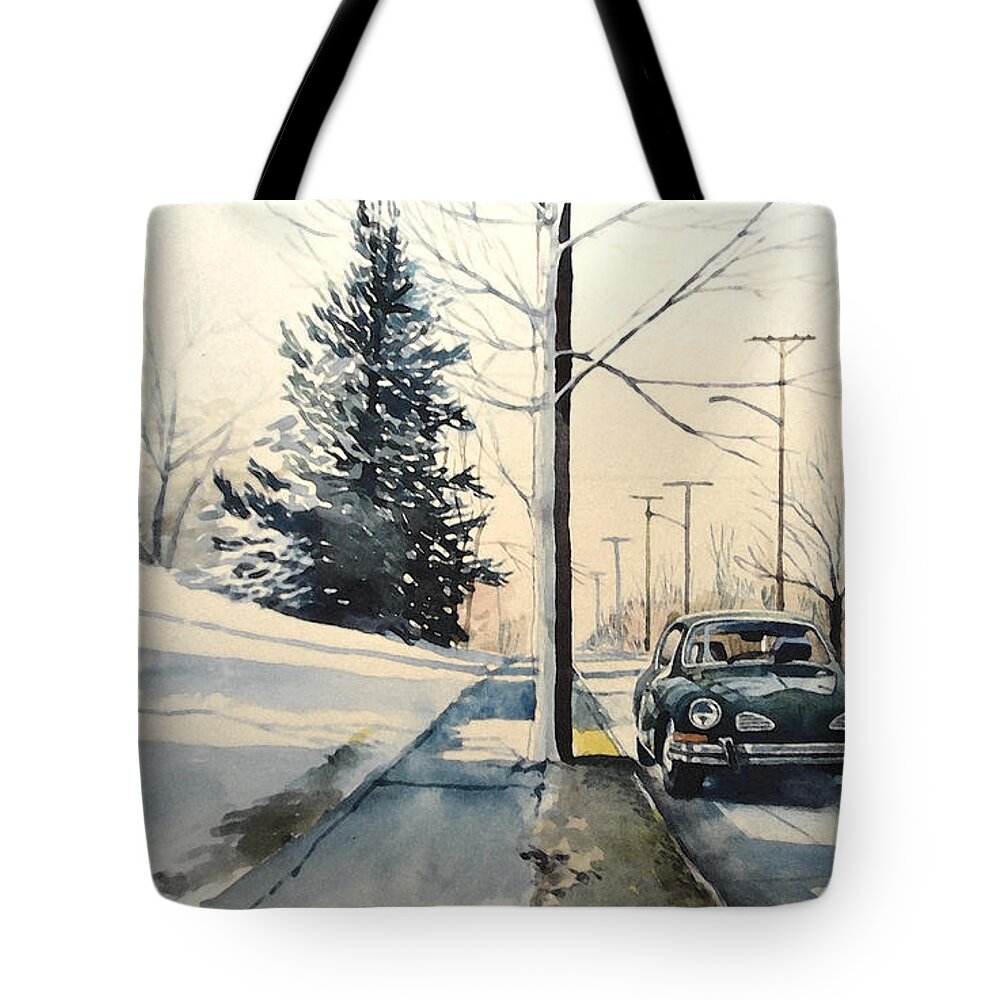Volkswagen Tote Bag featuring the painting Volkswagen Karmann Ghia on snowy road by Christopher Shellhammer