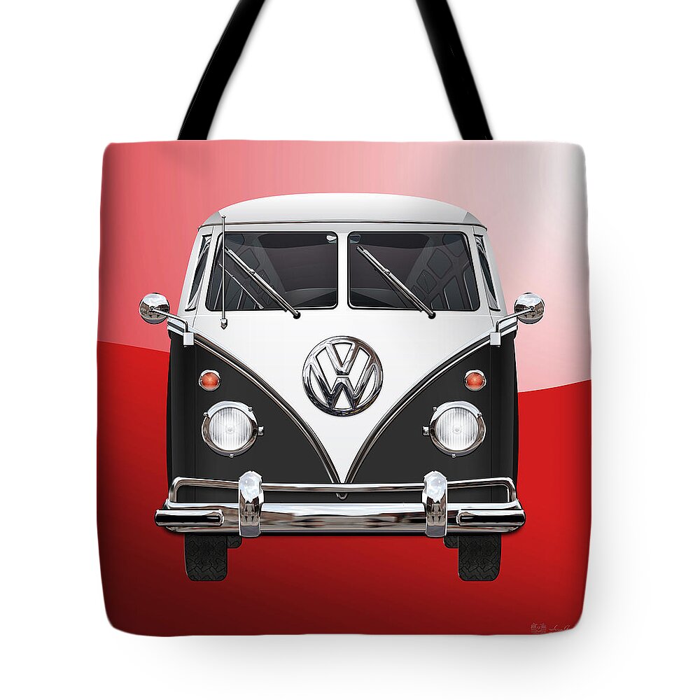'volkswagen Type 2' Collection By Serge Averbukh Tote Bag featuring the digital art Volkswagen Type 2 - Black and White Volkswagen T 1 Samba Bus on Red by Serge Averbukh