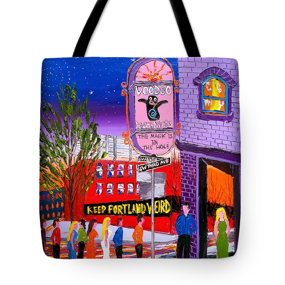  Tote Bag featuring the painting Voodoo Doughnut Sign #18 by James Dunbar