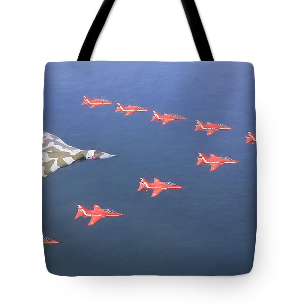 Aeronautics Tote Bag featuring the digital art Vulcan and Hawks by Roy Pedersen