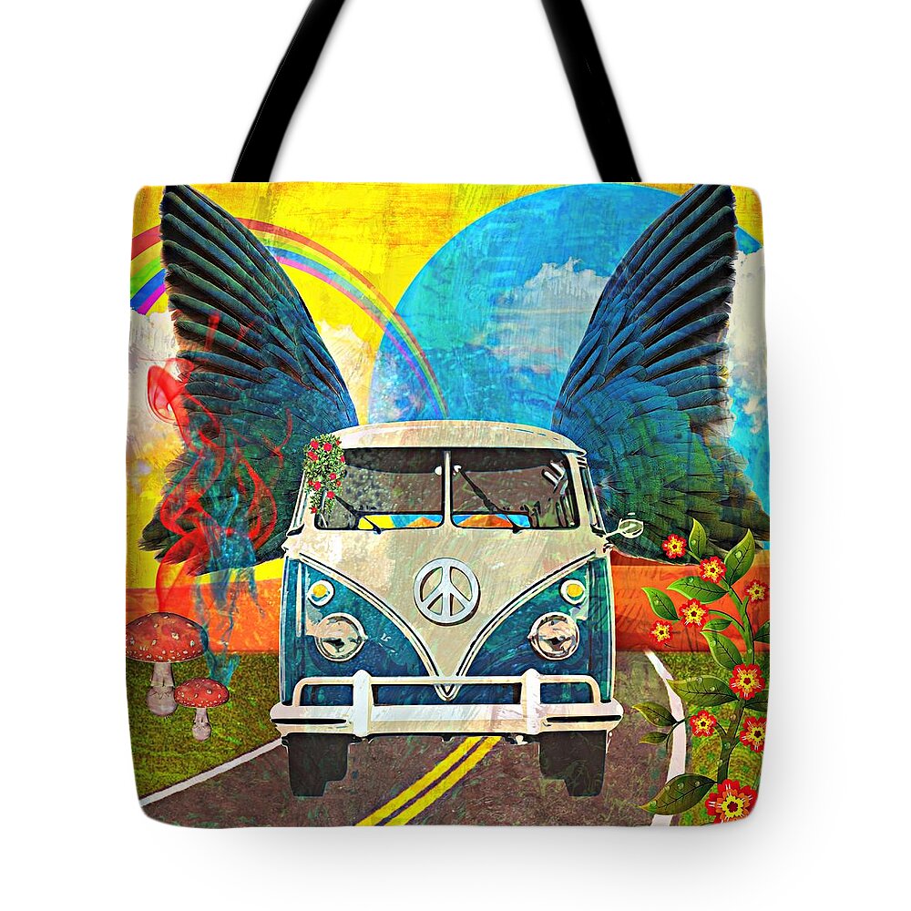 Volkswagen Tote Bag featuring the mixed media VW Bus Trip by Ally White