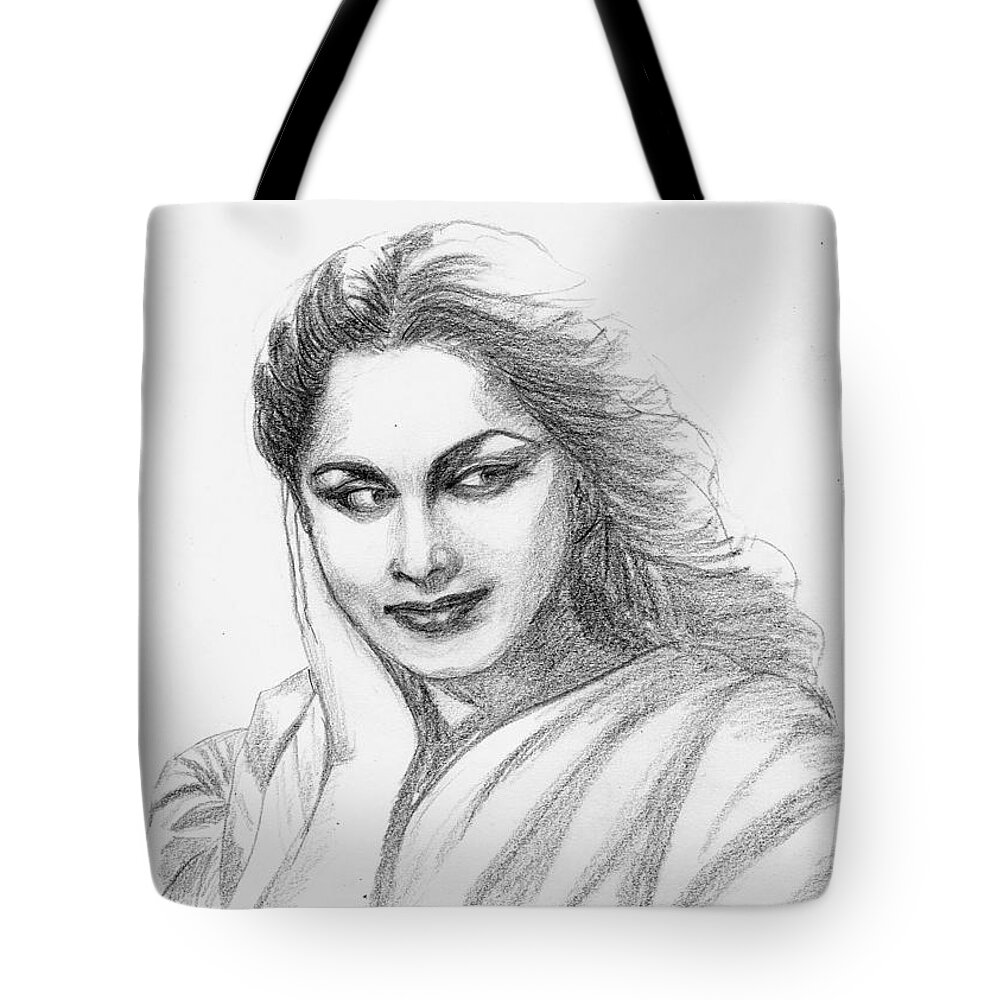 Waheeda Rehman Tote Bag featuring the drawing Waheeda Rehman Bollywood Actress by Asha Sudhaker Shenoy