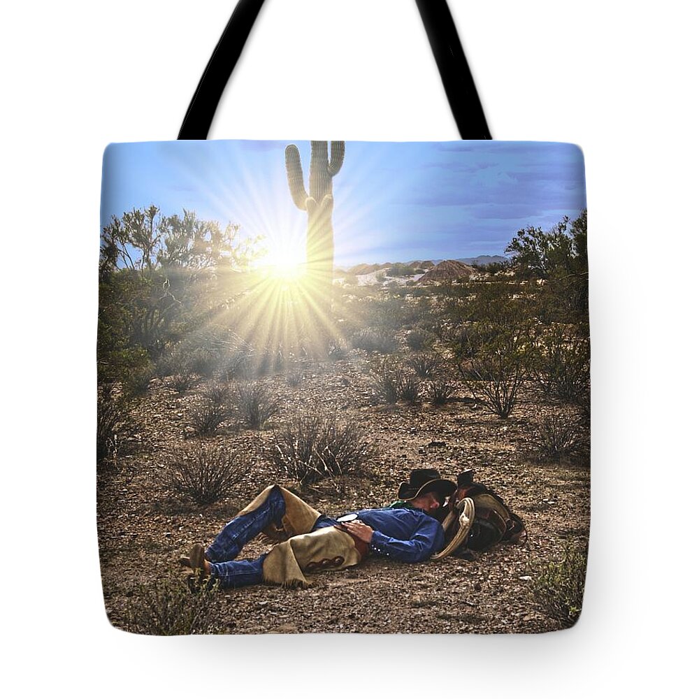 Cowboy Tote Bag featuring the photograph Waitin' on a Horse by Amanda Smith